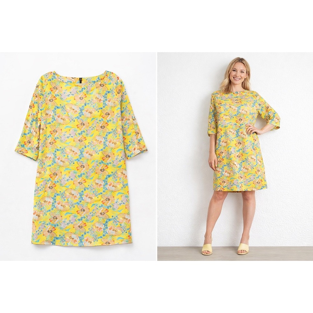 TUCKER Yellow Floral Print Silk Blend Shift Dress 3/4 Sleeve Size large